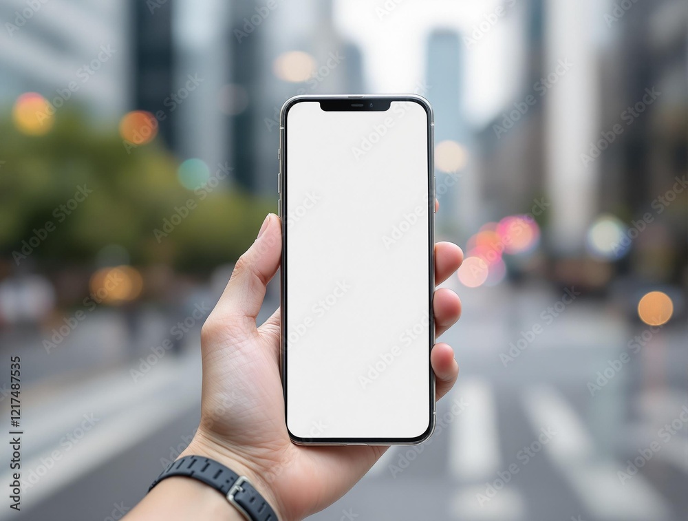 Poster a smartphone with a black bezel and a blank screen, while a blurred cityscape with colorful lights s
