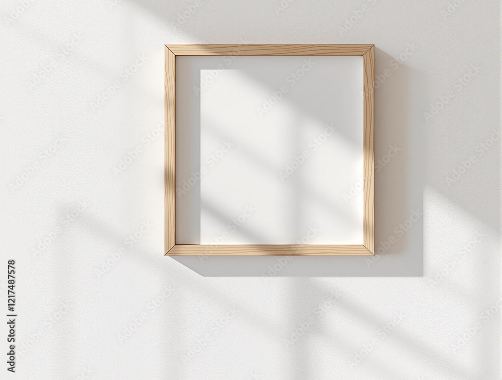 Poster a blank wooden frame leaning against a white wall with a shadow cast on the wall from a window. mock