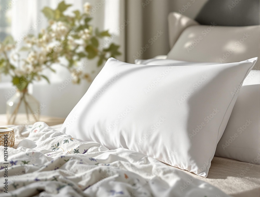 Poster a white pillow placed on a bed with a beige blanket and a pillowcase. the background features a vase
