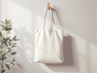 A white tote bag is hanging from a hook on a wall, casting a slight shadow. There is a green plant in the background, adding a touch of nature to the scene. mockup 