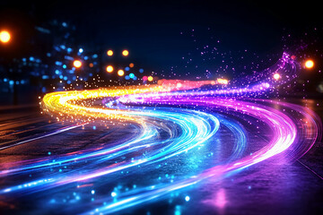 Dynamic Iridescent Light Trails Intersect in a Vibrant Kaleidoscope of Colors, Evoking a Sense of...