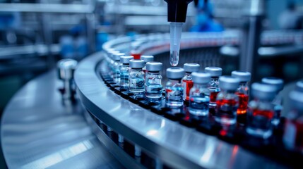 In a pharmaceutical factory, advanced automation ensures drug quality monitoring. Vials move efficiently along the production line for precision in manufacturing at the hightech facility