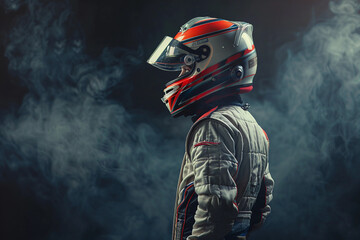 Obraz premium Professional racing team lineup in helmets and gear, showcasing unity and determination in motorsport, generative AI