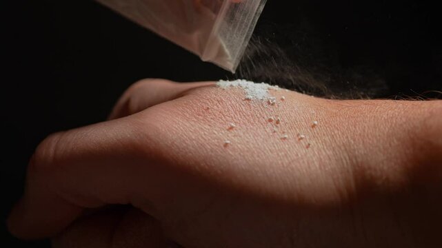 Person preparing illegal street drugs like white crystalline powder for consumption by snorting. Opioid epidemic is a major public health crisis leading to addiction, overdoses, and deaths.