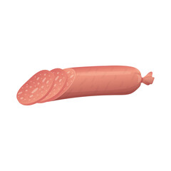 Salami with slices in flat design. Deli sausage with pieces, butcher product. Vector illustration isolated.