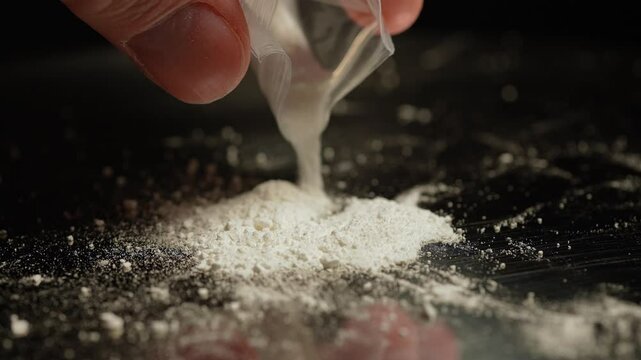 Person preparing illegal street drugs like white crystalline powder for consumption by snorting. Opioid epidemic is a major public health crisis leading to addiction, overdoses, and deaths.