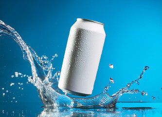 Weisse und unbeschriftete Getr&auml;nkedose zur Produktpr&auml;sentation Mockup Wasserspritzer.