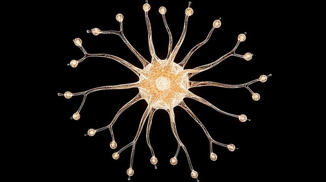 Neuron cell digital rendering,  black background, medical research