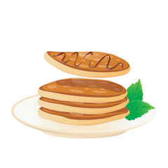 Pancakes stack with syrup in flat design. Morning pastry with chocolate. Vector illustration isolated.