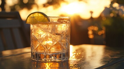 A sparkling gin and tonic, with ice cubes and a lime wedge, on a patio table during a golden summer sunset.