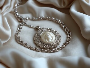 A silver chain necklace featuring an ornate pendant with a rose design.