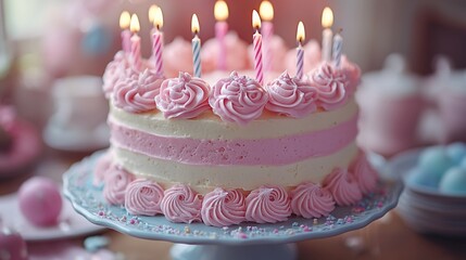 Delicious two-layered pink birthday cake with lit candles.