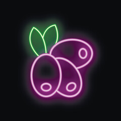 Neon sign representing three olives with leaves, glowing purple and green on a black background