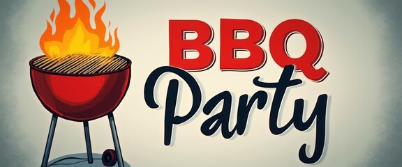 This vibrant image showcases a classic red barbecue grill with flames dancing above, set against a soft, neutral background. The bold BBQ Party text adds a festive touch, inviting friends and family