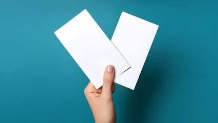 A woman's hand holds two blank sheets of paper, perfect for personalization. These versatile sheets can represent tickets, invitations, coupons or flyers, suitable for a variety of creative projects.