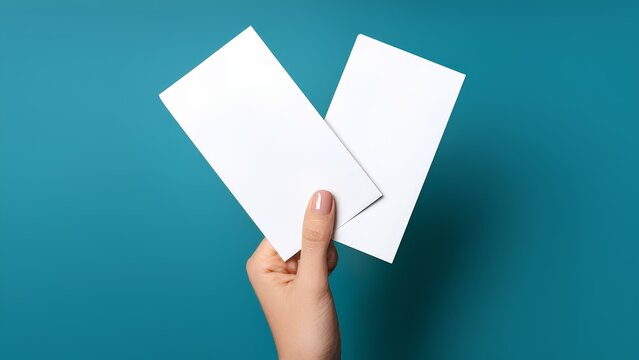 A woman's hand holds two blank sheets of paper, perfect for personalization. These versatile sheets can represent tickets, invitations, coupons or flyers, suitable for a variety of creative projects.