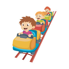 Children at roller coaster in flat design. Laughing kids enjoying attraction. Vector illustration isolated.