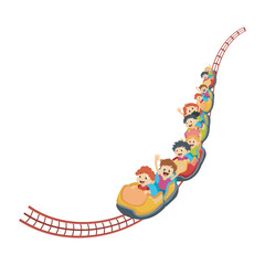 Children at roller coaster in flat design. Kids enjoying railway attraction. Vector illustration isolated.