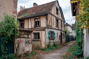 Obraz premium Forgotten charm of an abandoned house in a quiet village lane