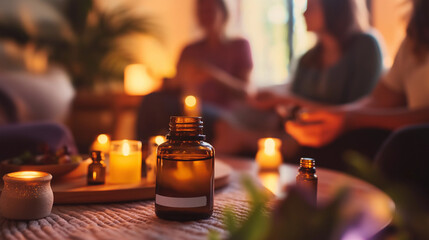 Aromatherapy session with essential oils, candles, and relaxed atmosphere, featuring people sharing moments of mindfulness and wellness in a cozy, dimly lit setting.