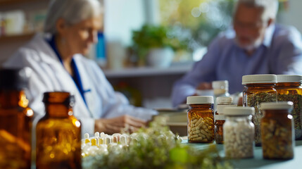 Senior practitioner and patient in a natural health consultation surrounded by jars of homeopathic remedies, emphasizing holistic medicine, natural therapies, and patient care.