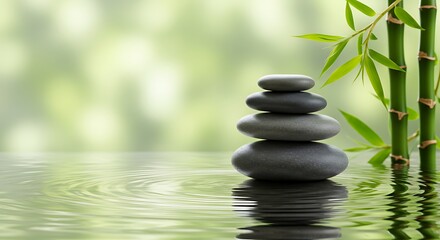 Fototapeta premium Tranquil Zen Stones with Bamboo Leaves on Reflective Water