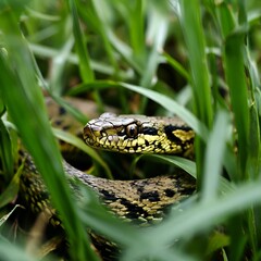 Fototapeta premium Snake in Grass: Camouflaged Predator in Natural Habitat