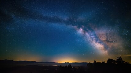 Fototapeta premium A breathtaking view of the Milky Way galaxy illuminating the night sky, with silhouettes of distant mountains and a colorful horizon.