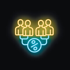 Neon light effect vector icon of an affiliate marketing program with businessmen sharing a percentage sign