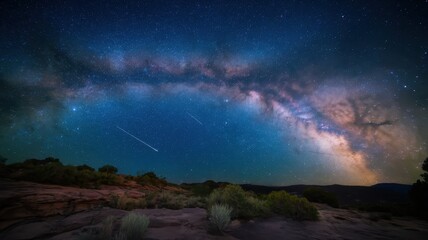 A stunning view of the Milky Way galaxy is captured above a serene desert landscape, highlighting the beauty of the night sky.