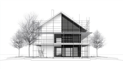 Modern architectural design with scaffolding and trees