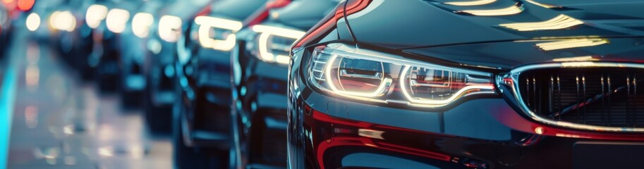 Obraz premium Luxury cars are displayed in a contemporary showroom with bright lights, showcasing highend design and exuding class and prestige in an elegant setting that reflects sophistication