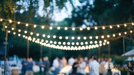 A lively outdoor evening gathering with twinkling string lights illuminating the scene, conveying a warm and festive atmosphere.
