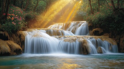 Stunning Multi-Tiered Waterfalls in Lush Forest with Sunlight Beams Creating Serene and Peaceful Nature Scene Capturing Lush Greenery and Tranquil Water Flow