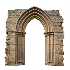 Old Medieval Gothic Doorway, Decayed and Weathered, Isolated on White Background