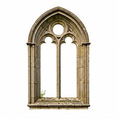 Fototapeta premium Old rustic medieval Gothic stone window, decayed and weathered, isolated on a white background