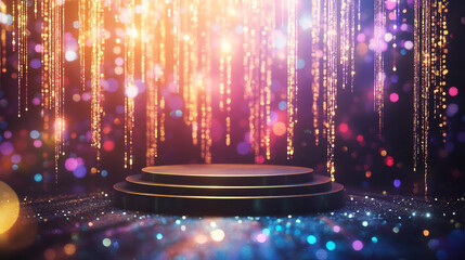 Golden podium and stage background, Golden stage with glittering background.