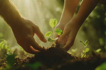 Fototapeta premium Hands gently planting a young seedling in the earth during a sunny afternoon in a lush garden environment