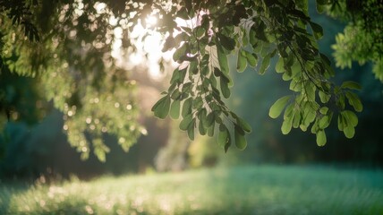 A close-up of lush green leaves illuminated by soft sunlight, creating a serene and tranquil atmosphere in nature.