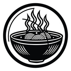 A set of drawings as icons. Chinese noodles on a plate,Bowl of chow mein noodles mixed with stir-fried vegetables and slices of chicken