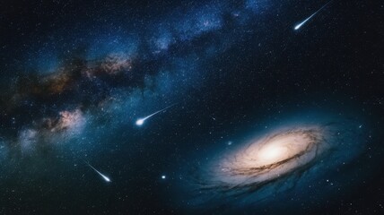 Fototapeta premium A stunning view of a spiral galaxy surrounded by shooting stars, showcasing the beauty of the universe with vibrant blues and subtle hints of purple.