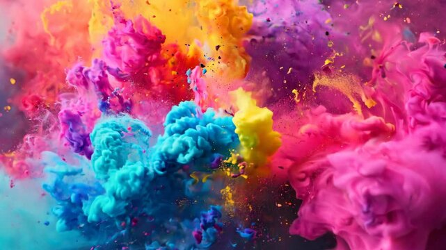 Scattering splashes of colorful bright powder on a dark background for Holi festival in India, concept of celebrating the arrival of spring, banishing evil and rebirth of life.
