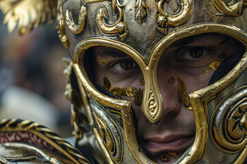 Generative AI image of a fierce ancient gladiator in battle-worn armor and helmet, inspired by Greek warriors