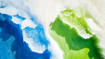 Fototapeta premium Colorful glacial water flowing beneath a melting ice sheet creates an intricate abstract pattern of vibrant blue and green hues, showcasing the beauty of nature's icy landscapes