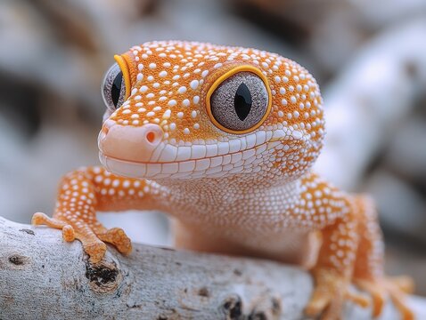 A close-up of a vibrant orange gecko on a branch.