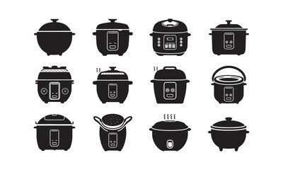 Modern Electric Rice Cooker and Slow Cooker Silhouette Icon Set