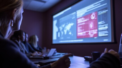 An instructor leading a workshop with a closeup of a projector screen displaying a safety infographic as participants nod and take notes in the dimly lit room.