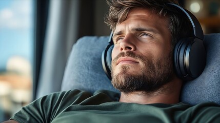 A man laying on a couch with headphones on