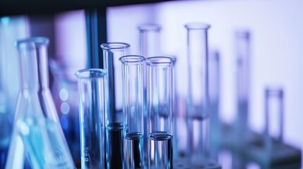 A detailed close-up of a medical lab with test tubes and analytical equipment, set against a plain backdrop, Scientific style