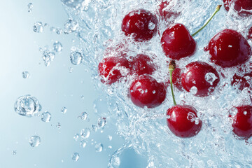 Cherries splash in water, showcasing freshness and vibrant color against a clean white background